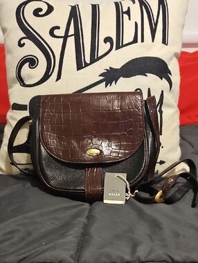Bally Swiss Lux Black and Brown Croc-Embossed Leather Crossbody Saddle Bag NWT